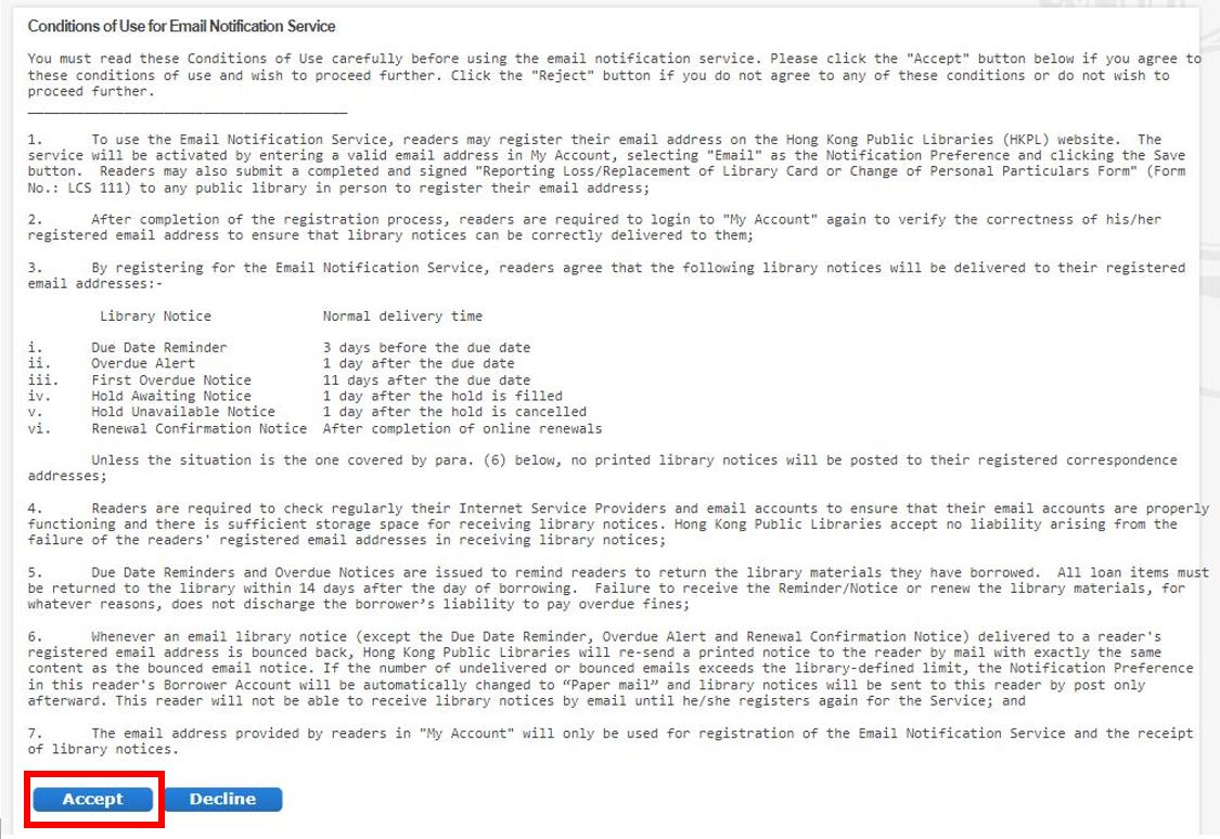 Image showing Conditions of Use for Email Notification Service