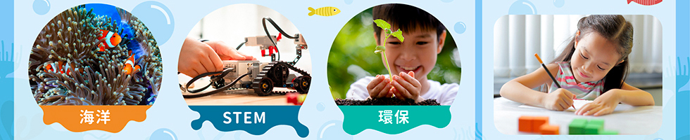 印有各主題書目(海洋、STEM、環保)與遊戲工作紙代表圖片的背景圖片