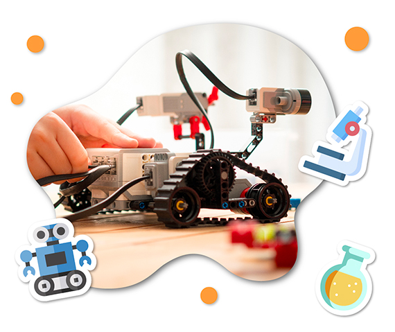 Picture with science related icons and robots